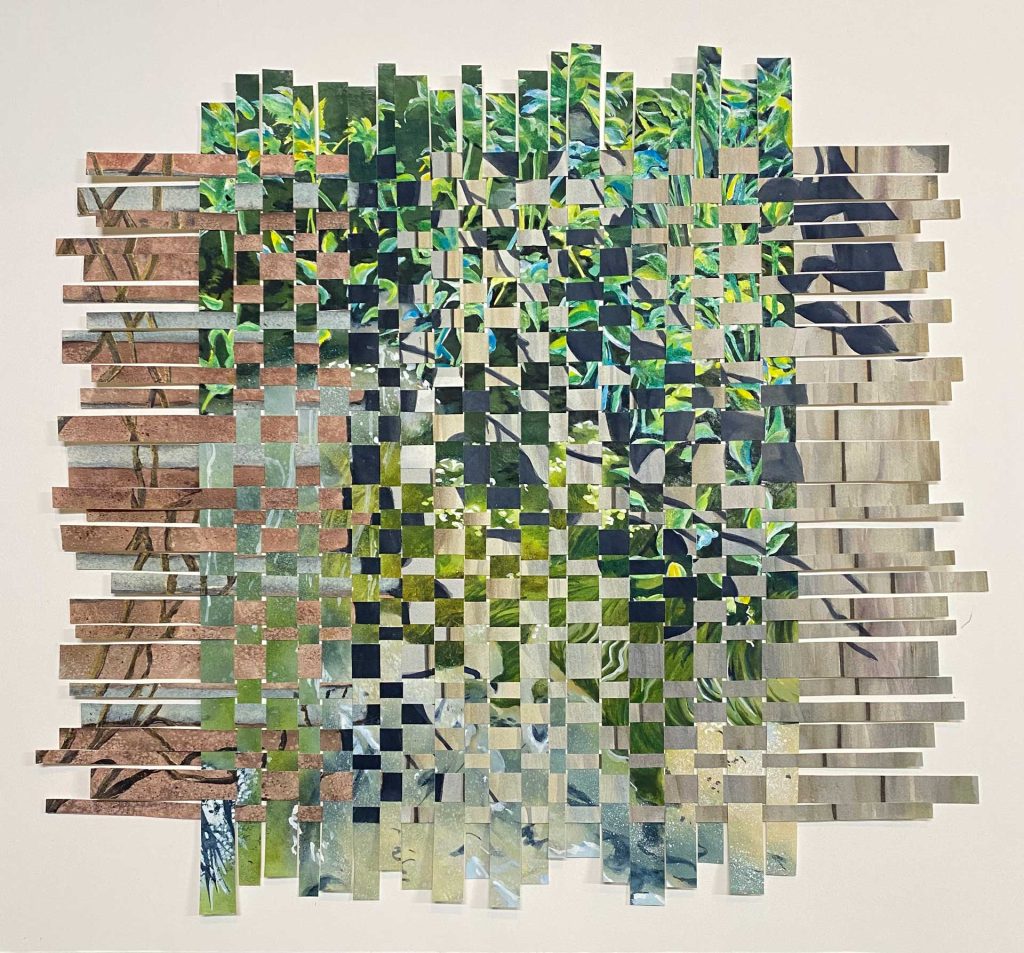 A piece of mixed media art made from of strips interwoven watercolour paintings