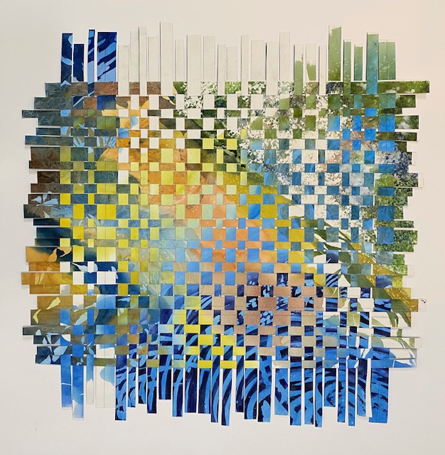 A piece of mixed media art made from of strips interwoven watercolour paintings