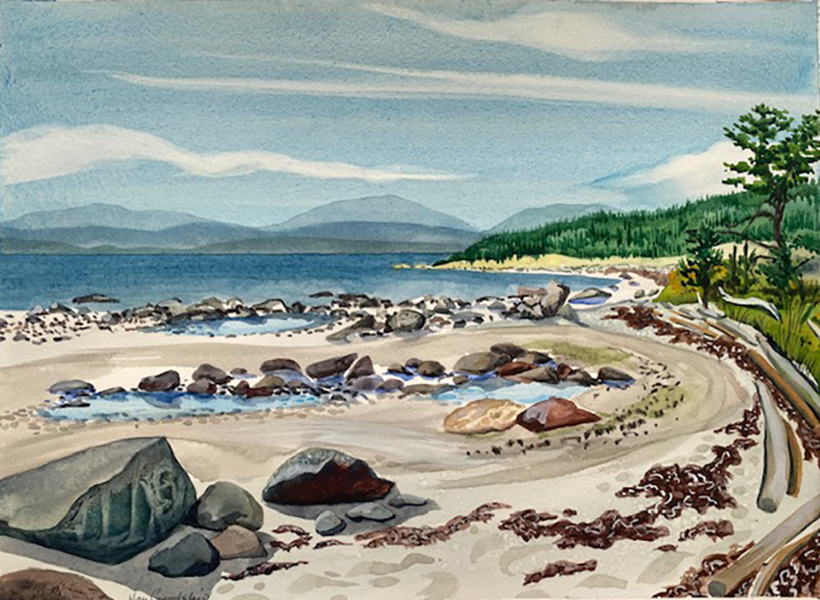 A watercolour painting depicting trees and coastal scenes from Vancouver Island