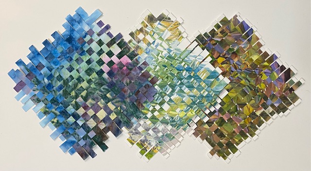 three pieces of mixed media art made from strips of interwoven watercolour paintings